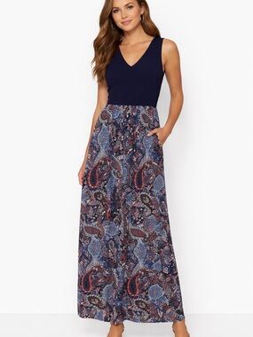 New York & Company Navy Blue Bodice Paisley Maxi Dress PTP 15”